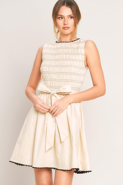 Smocked Bodice Mix Media Mini Dress