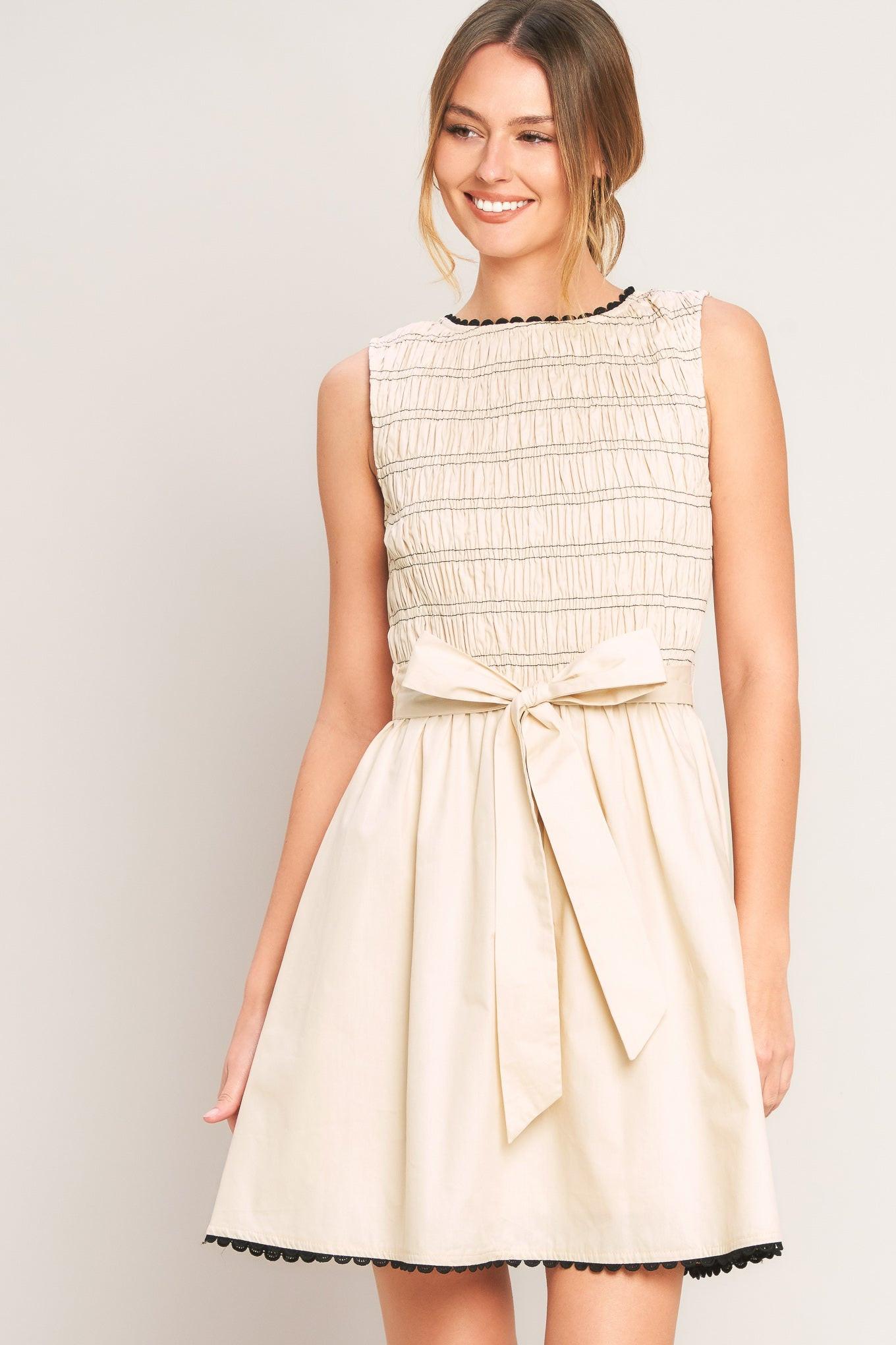 Smocked Bodice Mix Media Mini Dress