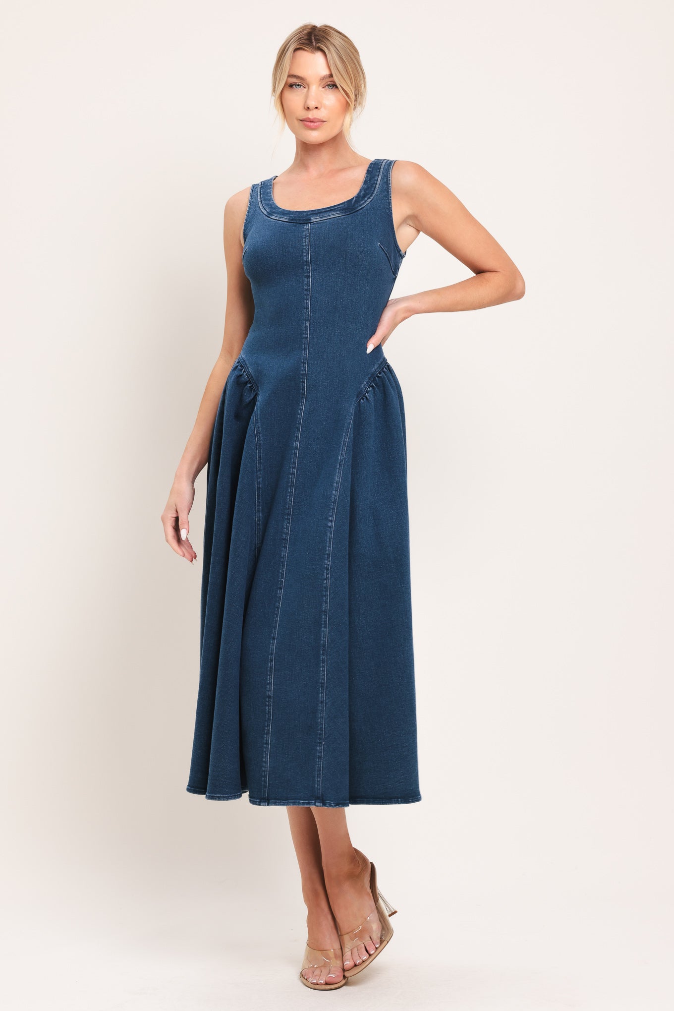 Shirred Denim Midi Dress