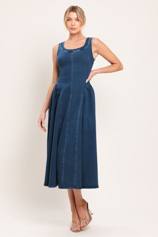 Shirred Denim Midi Dress