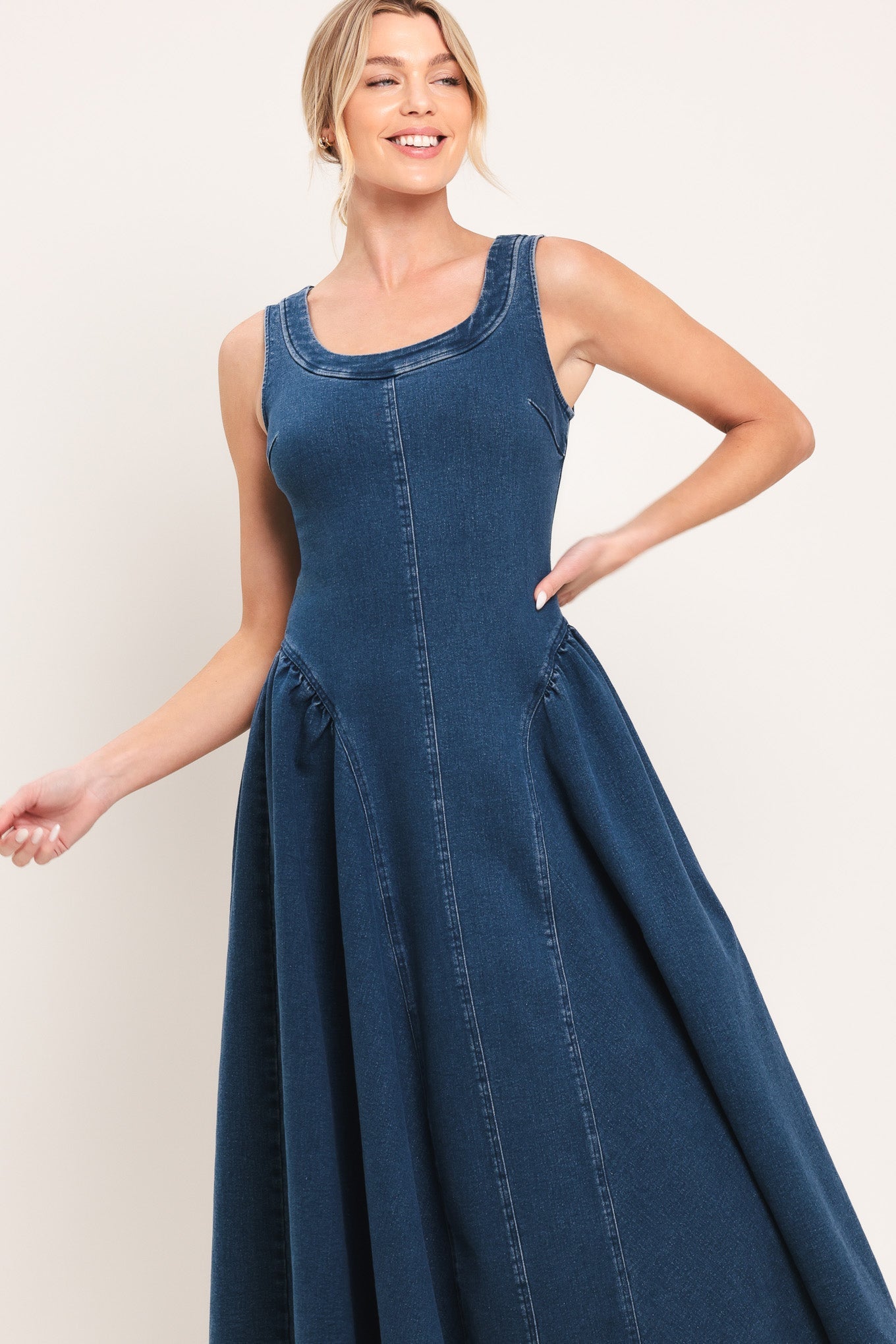 Shirred Denim Midi Dress