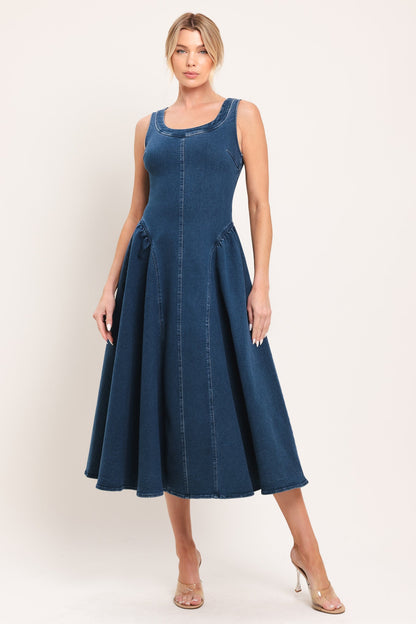 Shirred Denim Midi Dress