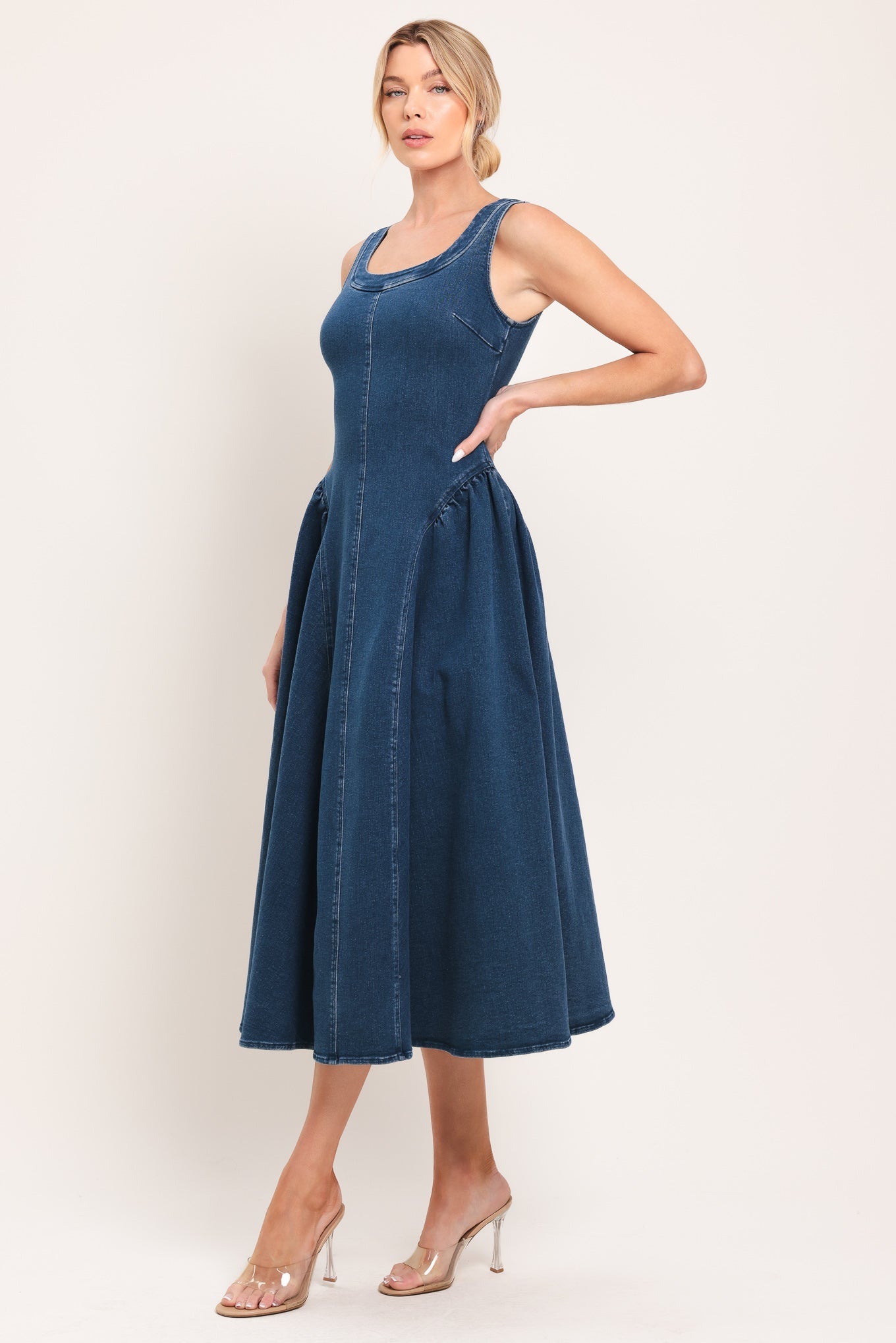 Shirred Denim Midi Dress