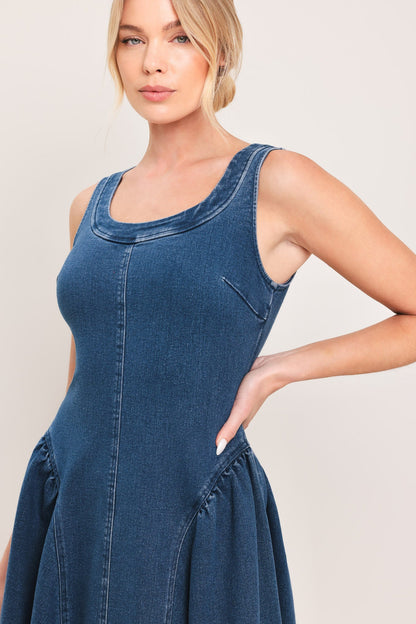 Shirred Denim Midi Dress