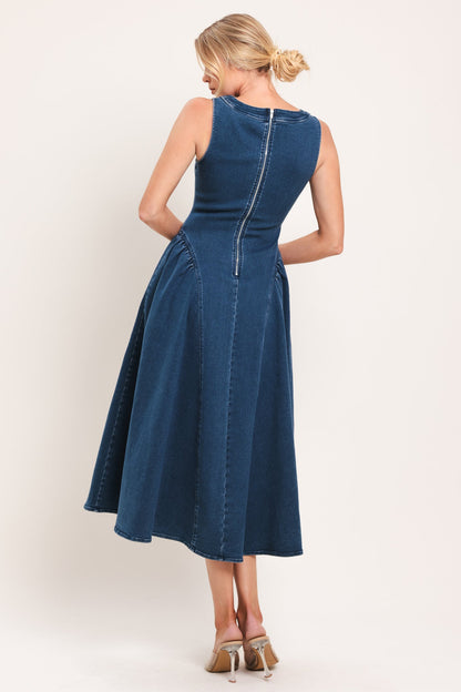 Shirred Denim Midi Dress