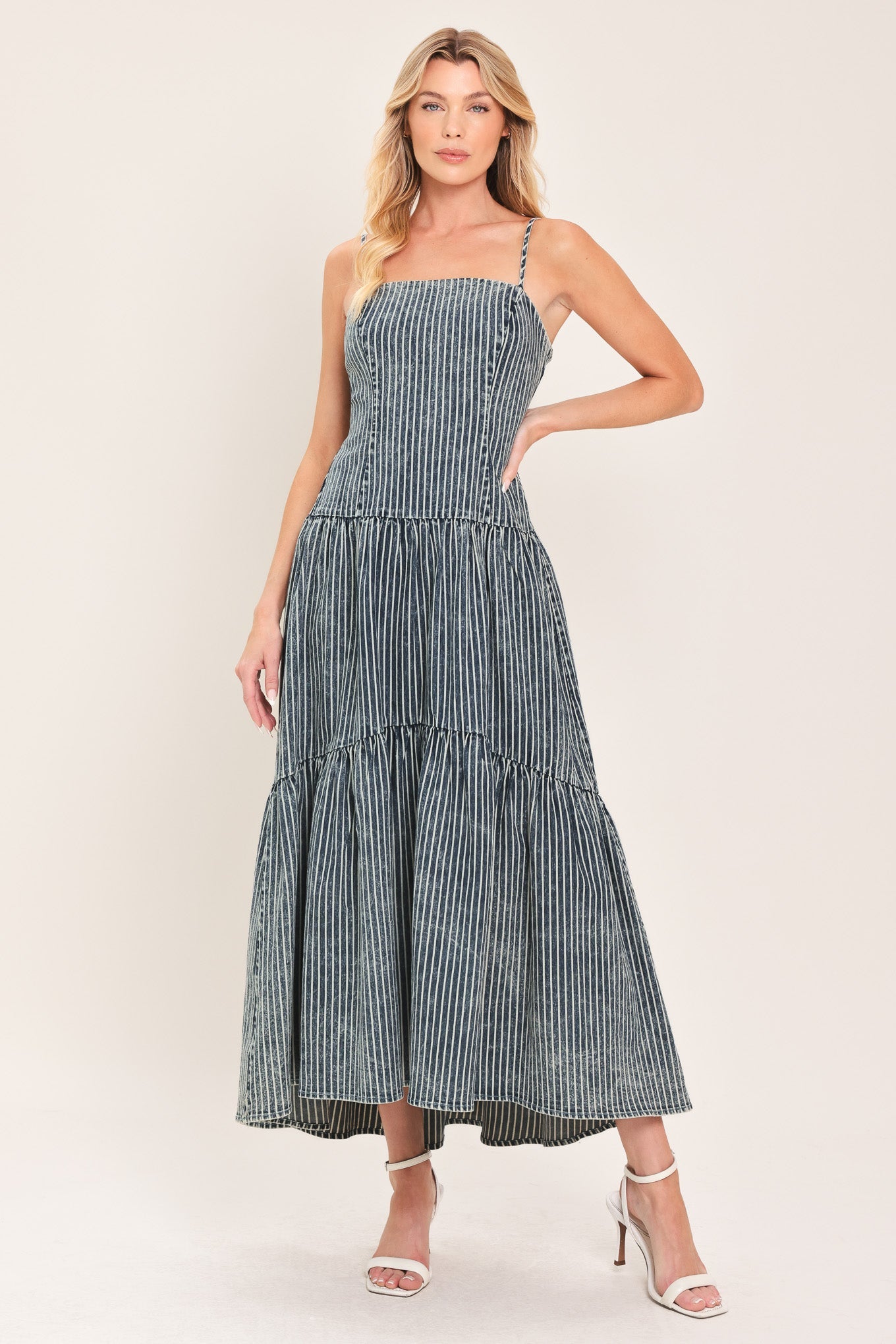 Striped Drop Waistline Denim Midi Dress