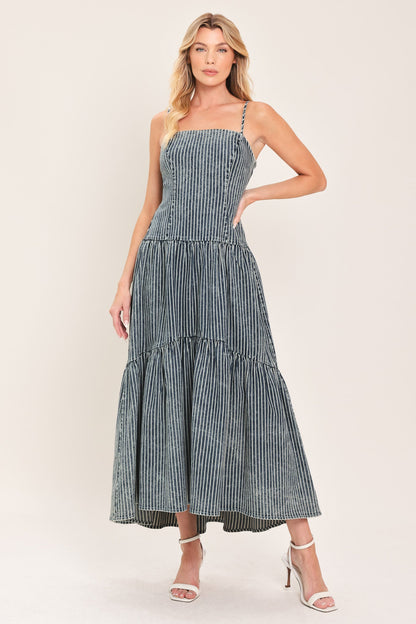 Striped Drop Waistline Denim Midi Dress