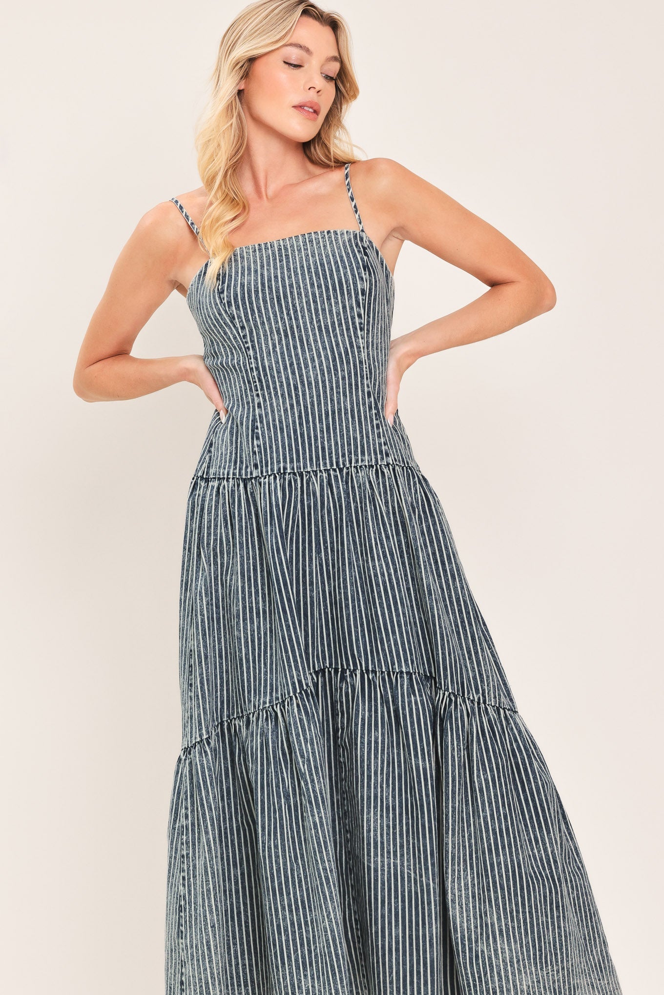 Striped Drop Waistline Denim Midi Dress