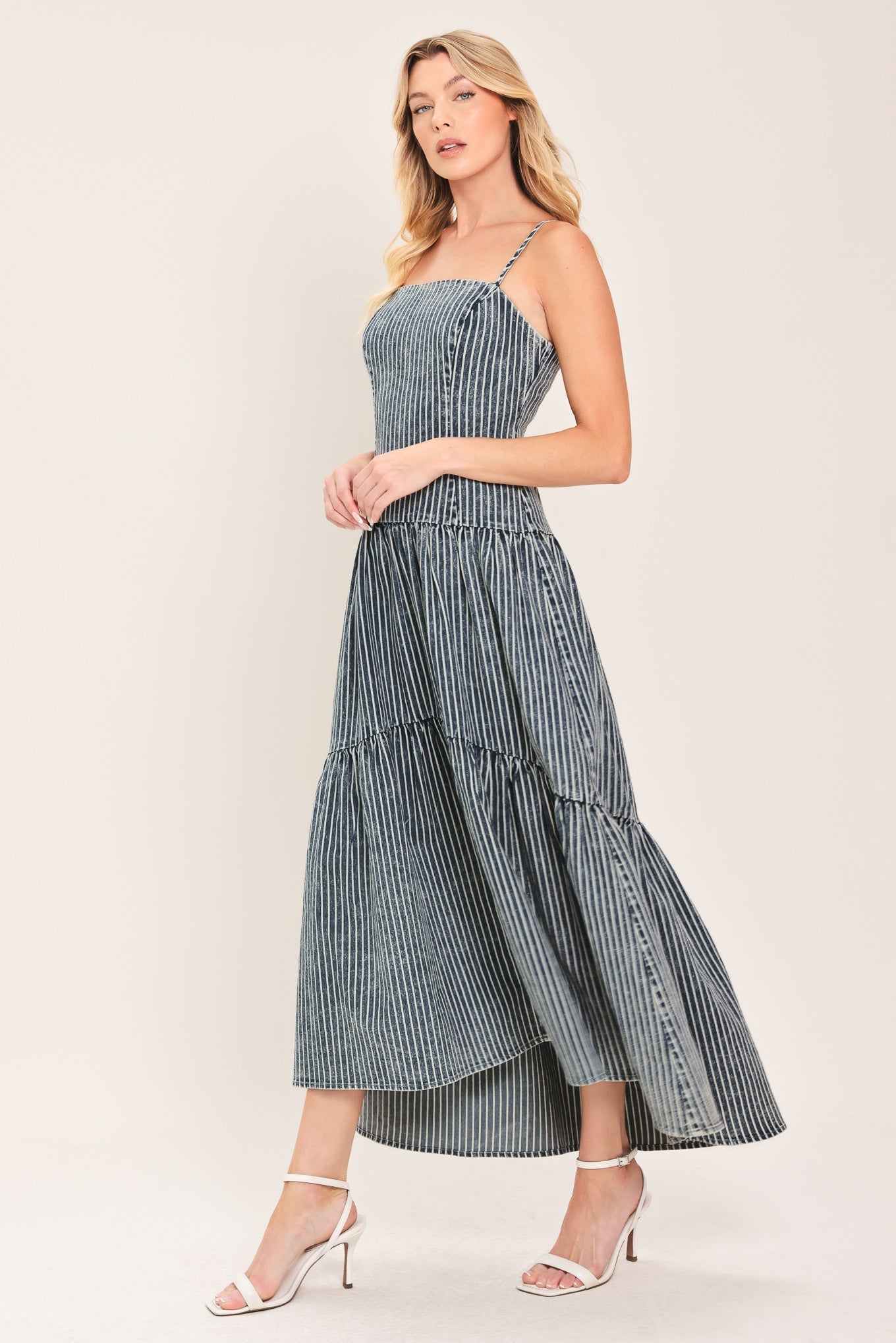 Striped Drop Waistline Denim Midi Dress