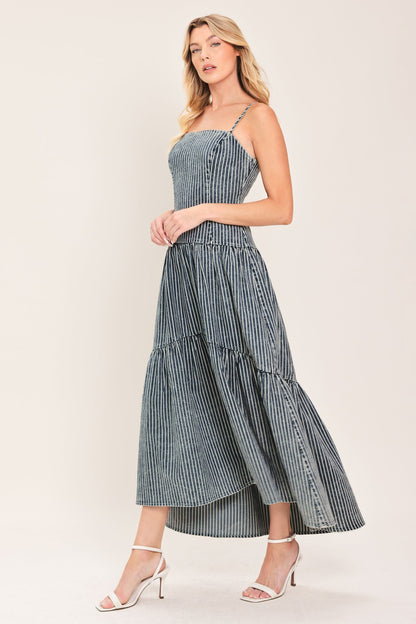 Striped Drop Waistline Denim Midi Dress