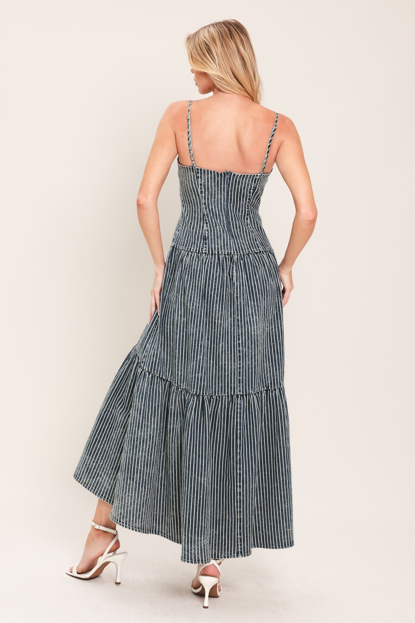 Striped Drop Waistline Denim Midi Dress