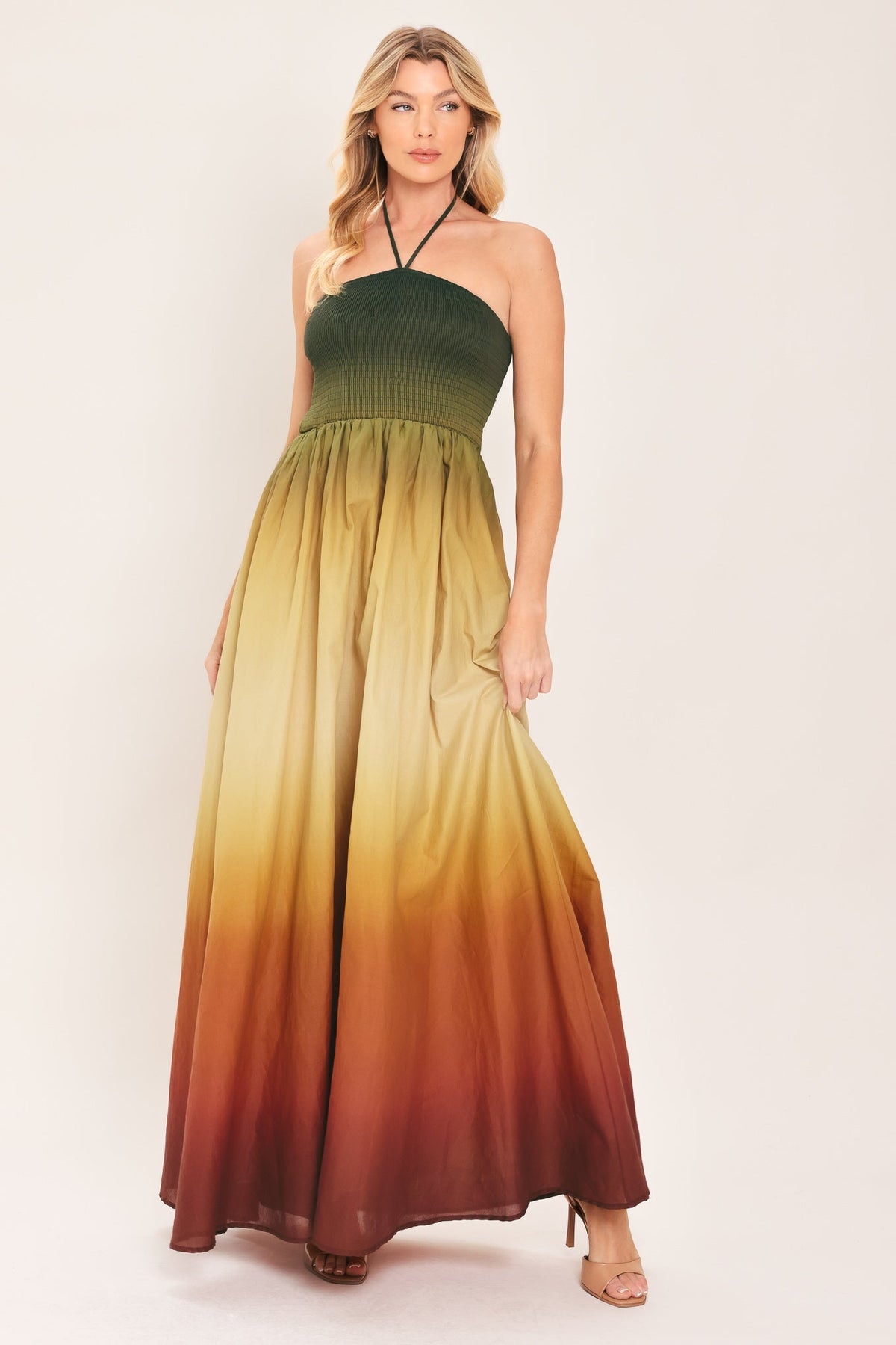 Ombre Printed Woven Maxi Dress with Halter Strap and Smocked Bodice