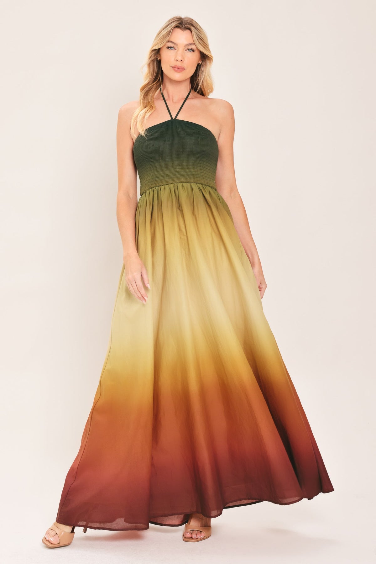 Ombre Printed Woven Maxi Dress with Halter Strap and Smocked Bodice OLIVE RUST