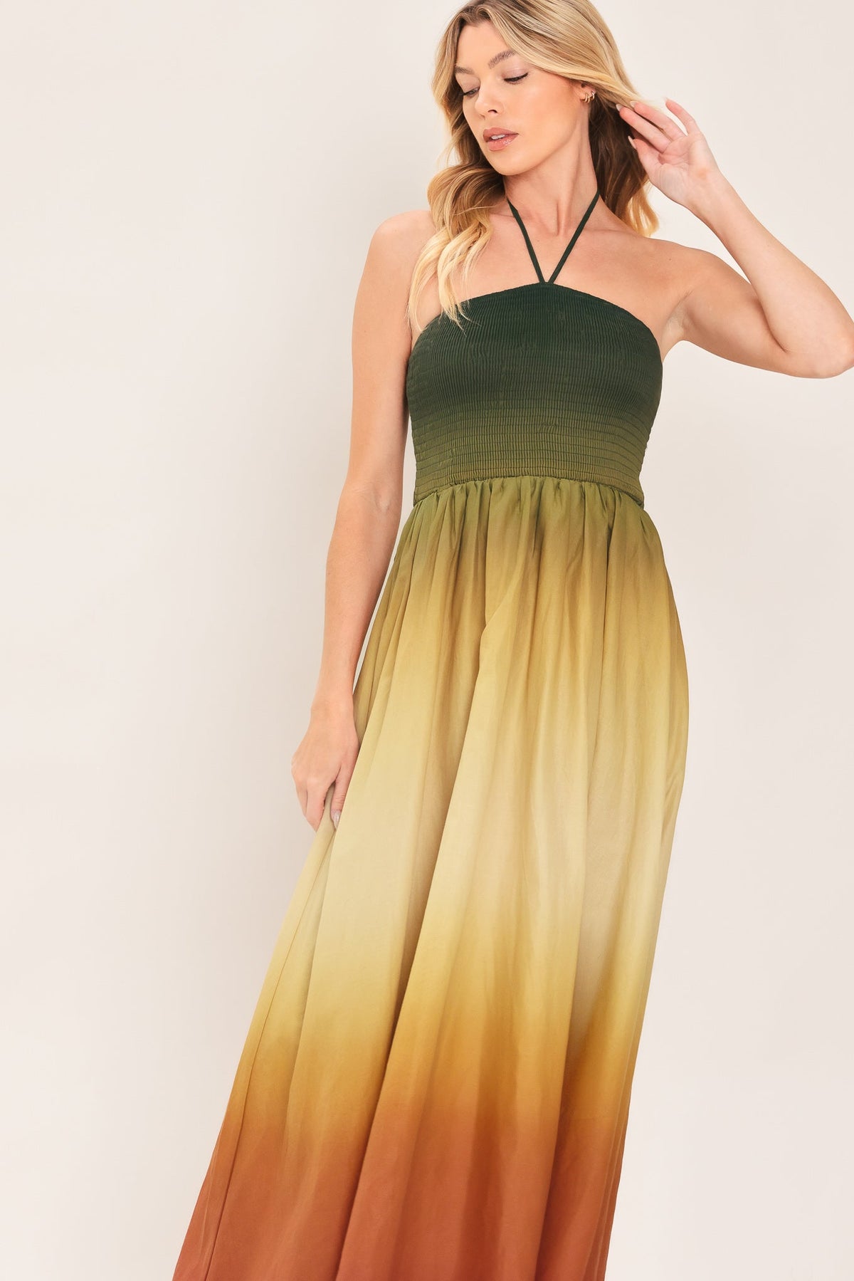Ombre Printed Woven Maxi Dress with Halter Strap and Smocked Bodice