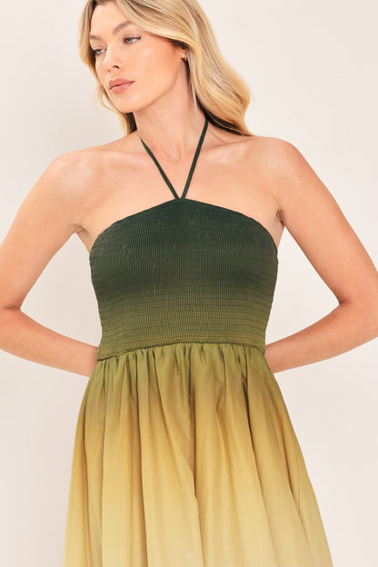 Ombre Printed Woven Maxi Dress with Halter Strap and Smocked Bodice