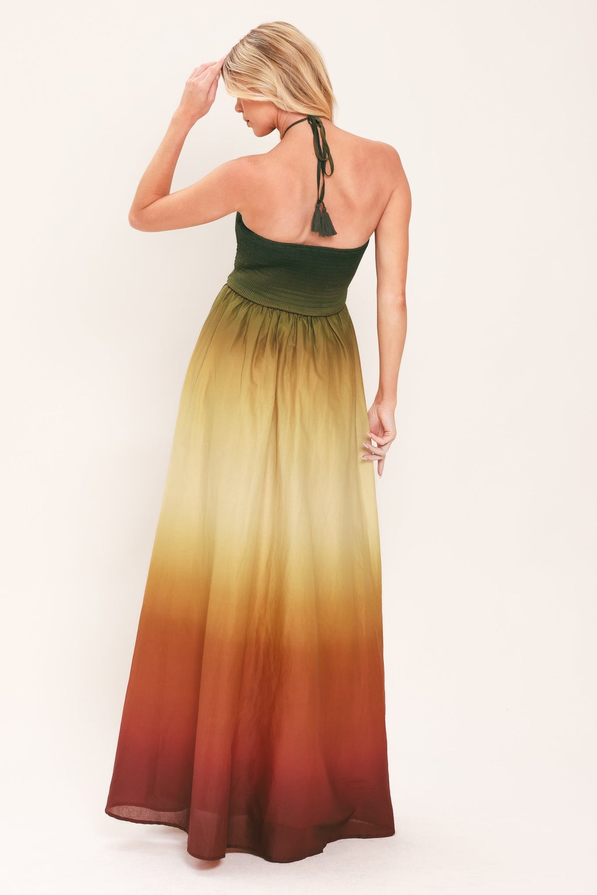 Ombre Printed Woven Maxi Dress with Halter Strap and Smocked Bodice