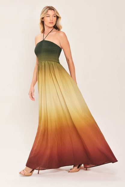 Ombre Printed Woven Maxi Dress with Halter Strap and Smocked Bodice