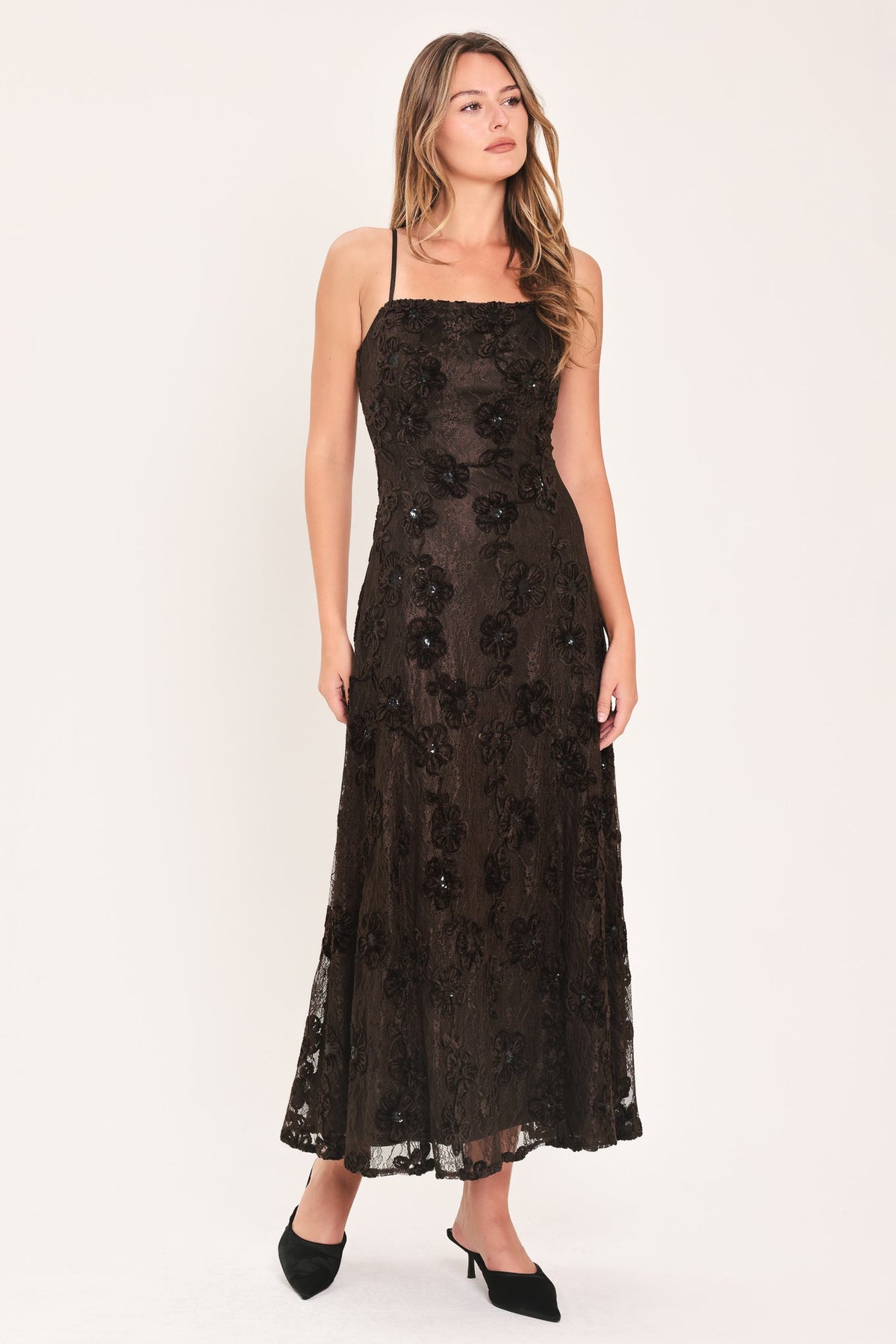 Brown Textured Woven Midi Dress with Strappy Neckline and Circle Skirt