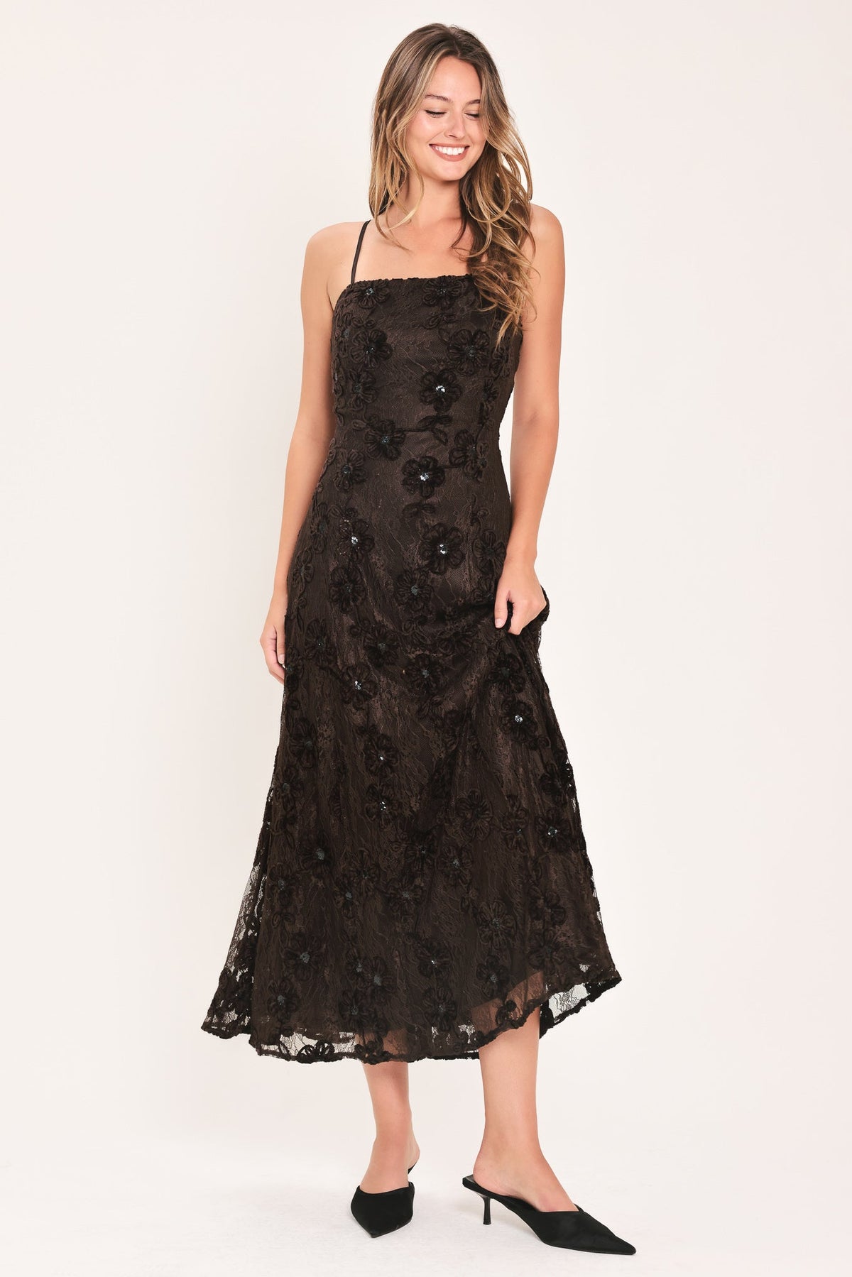 Brown Textured Woven Midi Dress with Strappy Neckline and Circle Skirt
