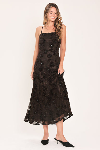 Brown Textured Woven Midi Dress with Strappy Neckline and Circle Skirt