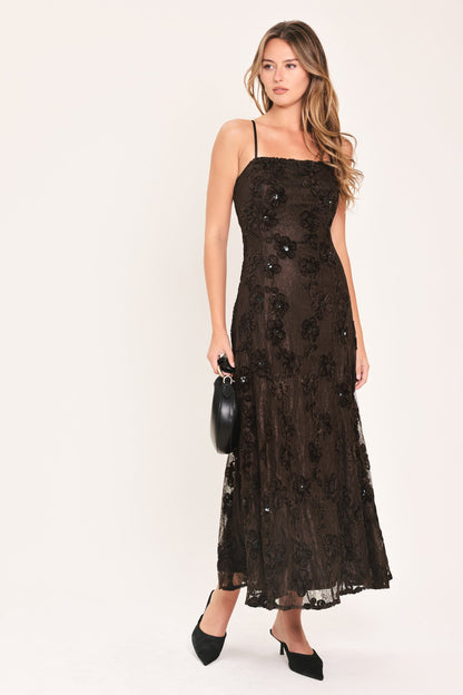 Brown Textured Woven Midi Dress with Strappy Neckline and Circle Skirt