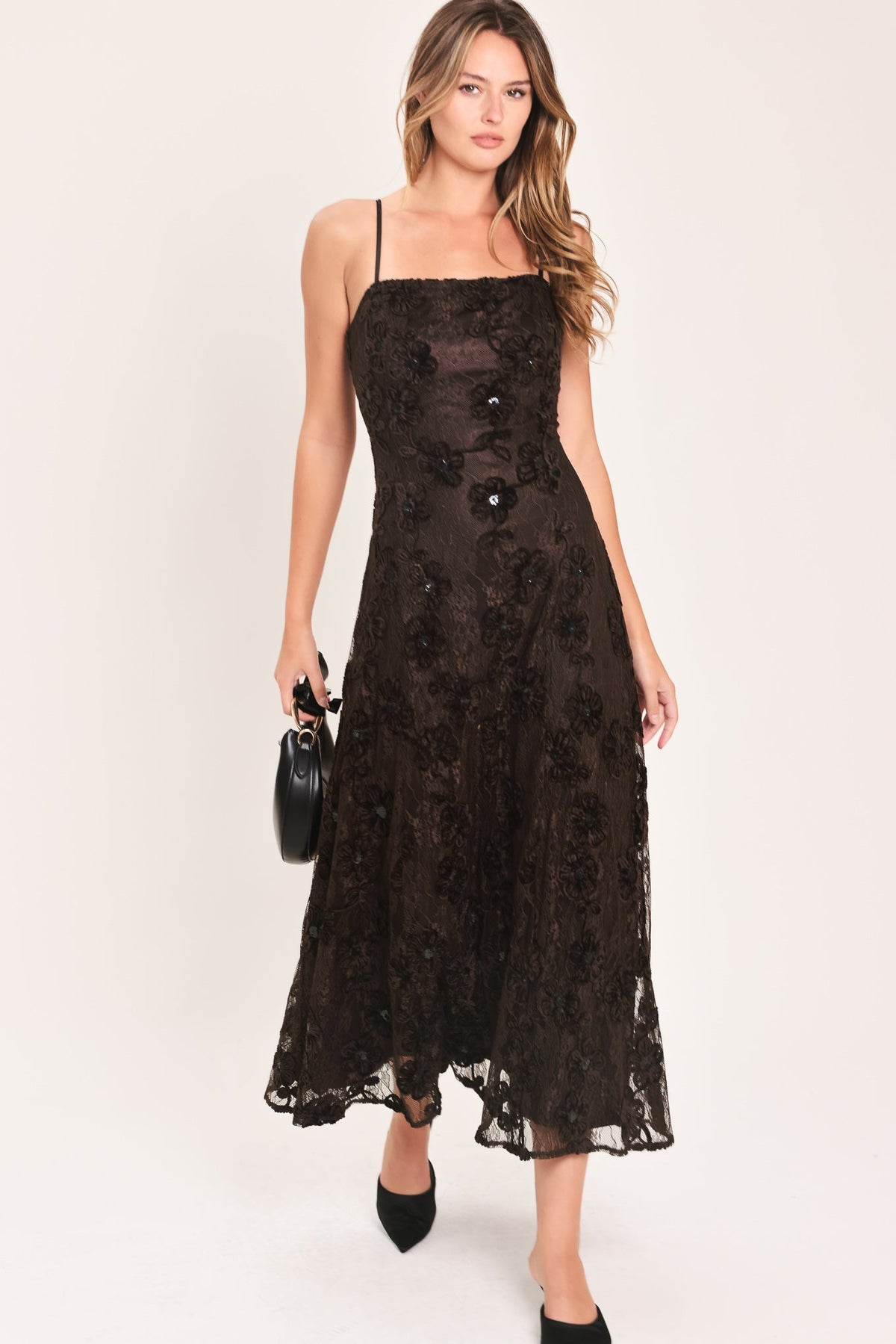 Brown Textured Woven Midi Dress with Strappy Neckline and Circle Skirt