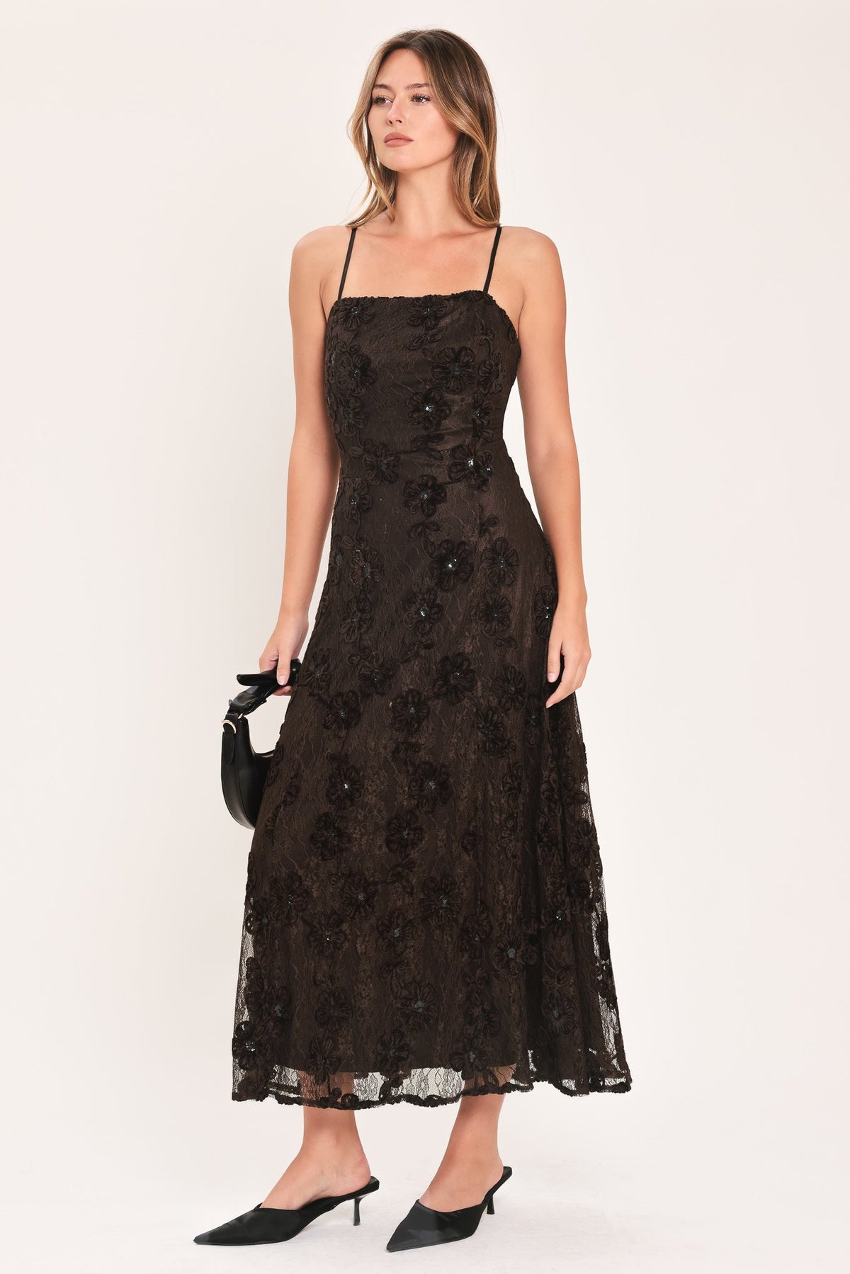 Brown Textured Woven Midi Dress with Strappy Neckline and Circle Skirt BROWN