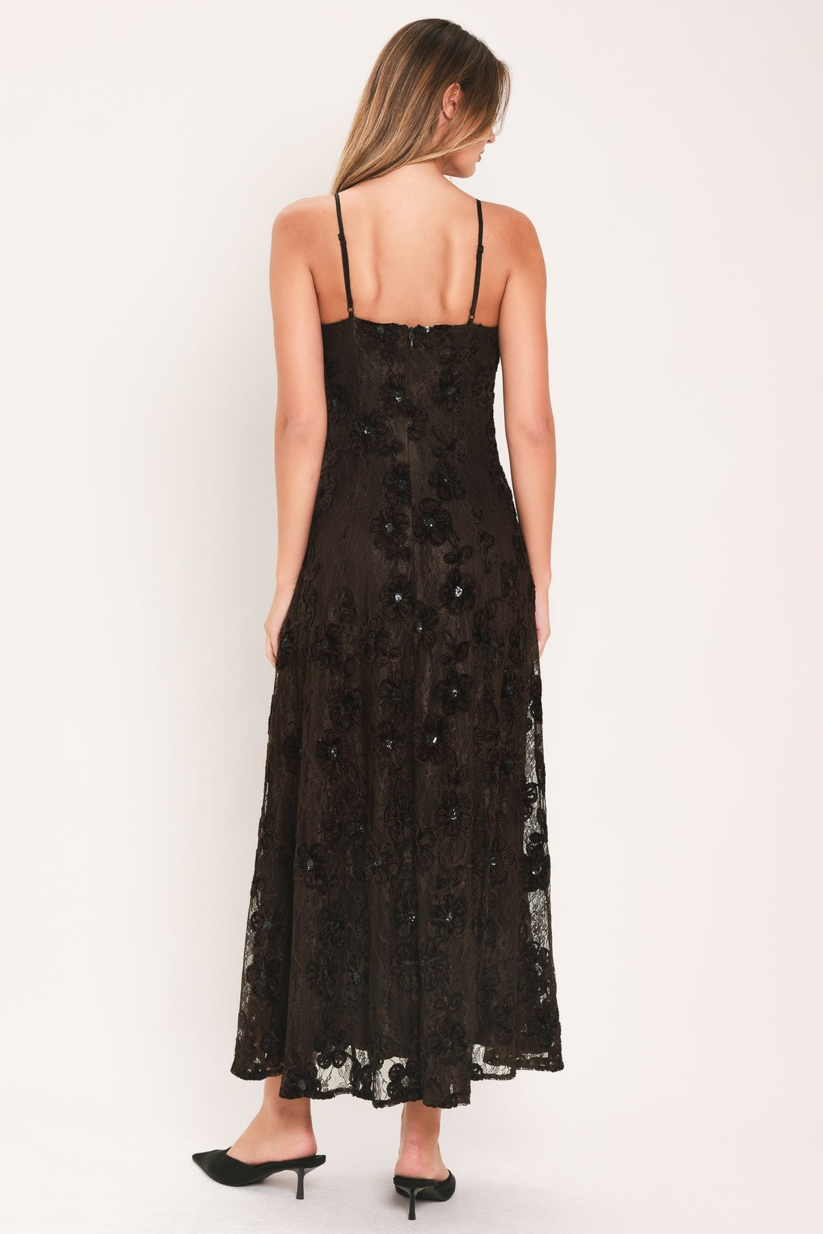 Brown Textured Woven Midi Dress with Strappy Neckline and Circle Skirt