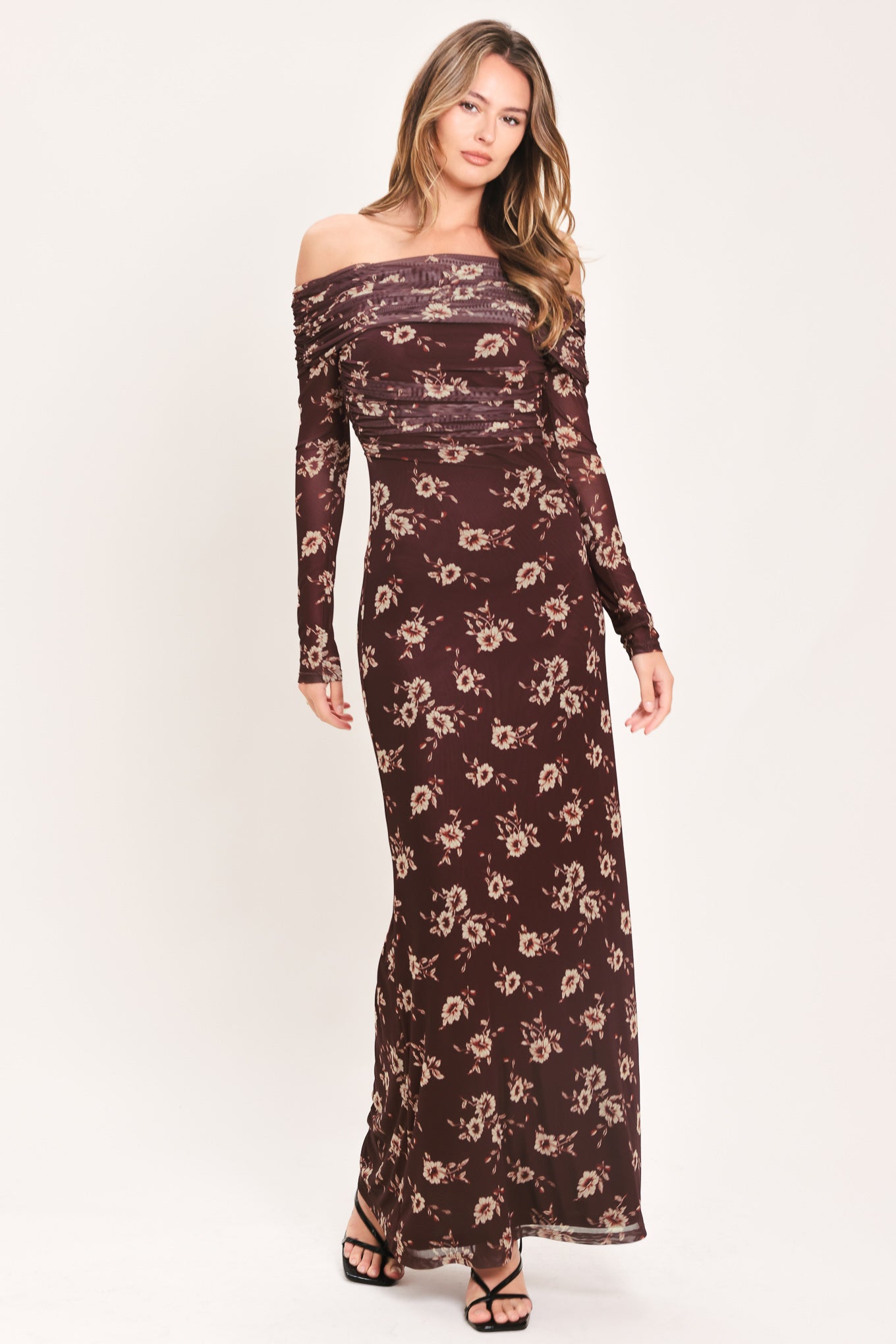 Floral Off Shoulder Mesh Maxi Dress