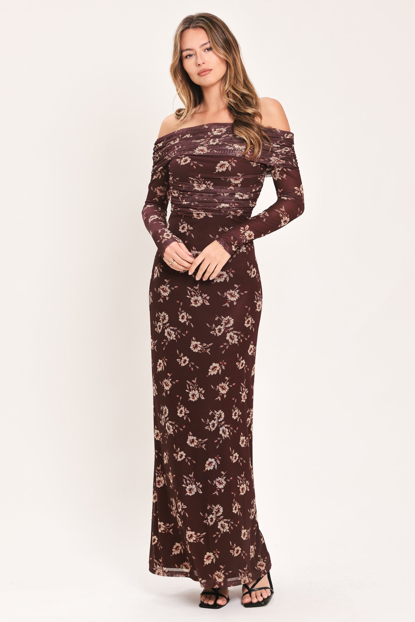 Floral Off Shoulder Mesh Maxi Dress
