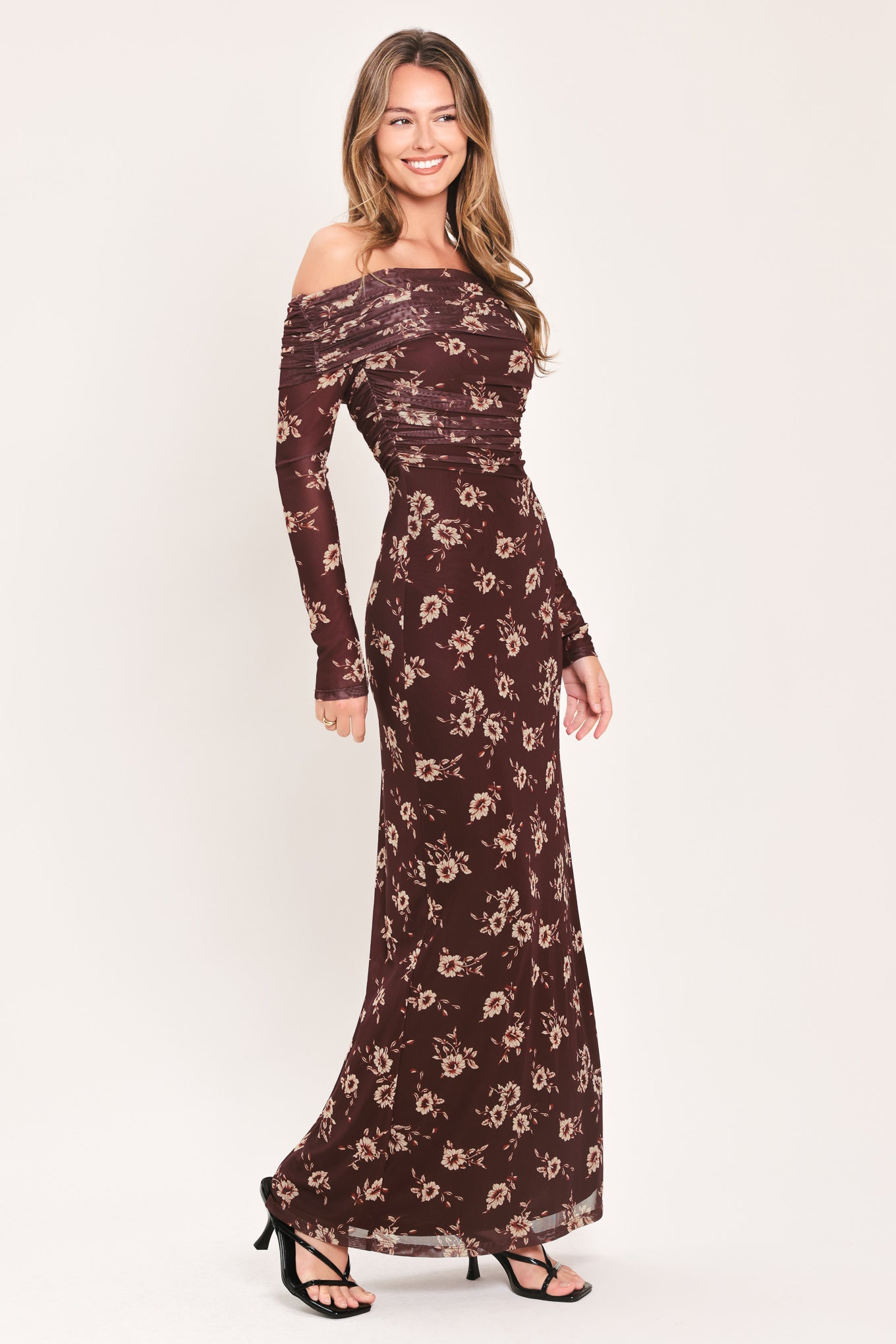 Floral Off Shoulder Mesh Maxi Dress