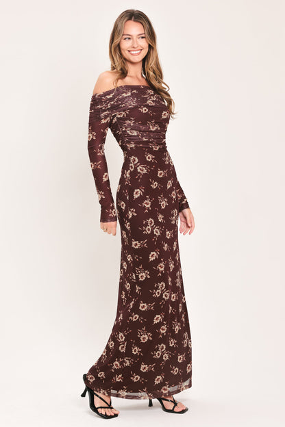 Floral Off Shoulder Mesh Maxi Dress