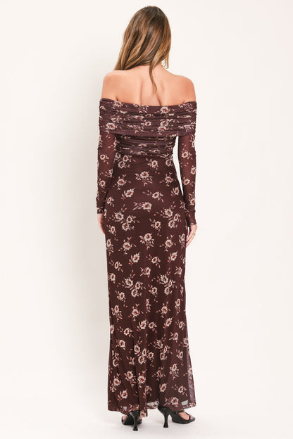 Floral Off Shoulder Mesh Maxi Dress