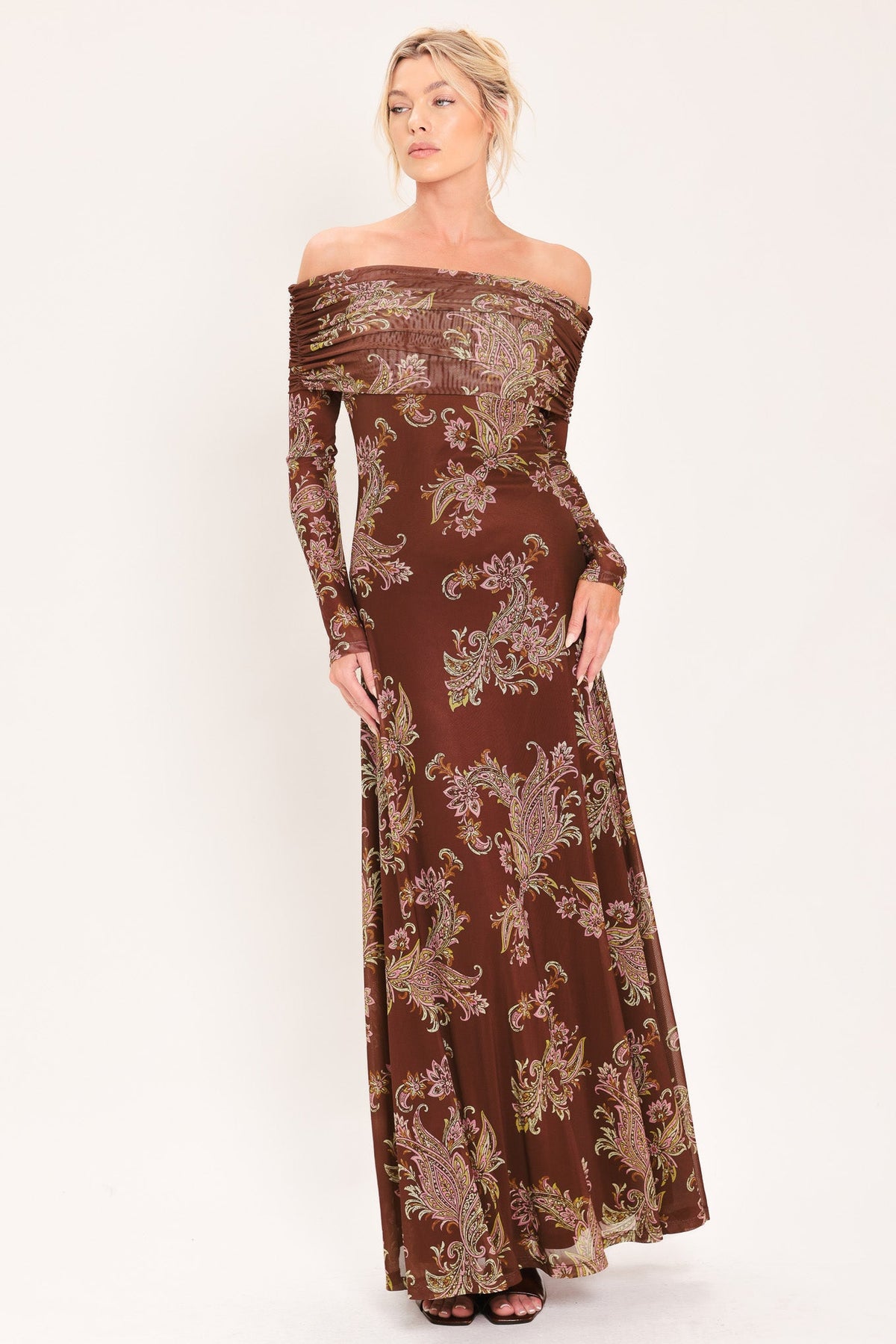 Floral Mesh Maxi Dress with Ruched Details