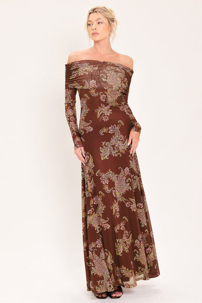Floral Mesh Maxi Dress with Ruched Details