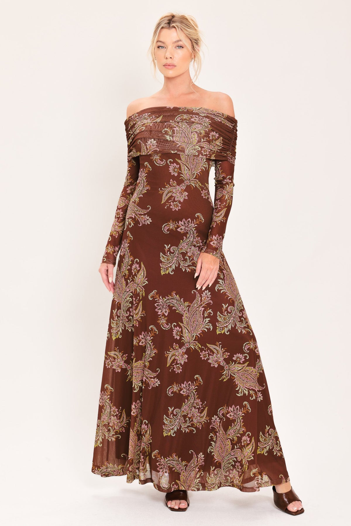 Floral Mesh Maxi Dress with Ruched Details