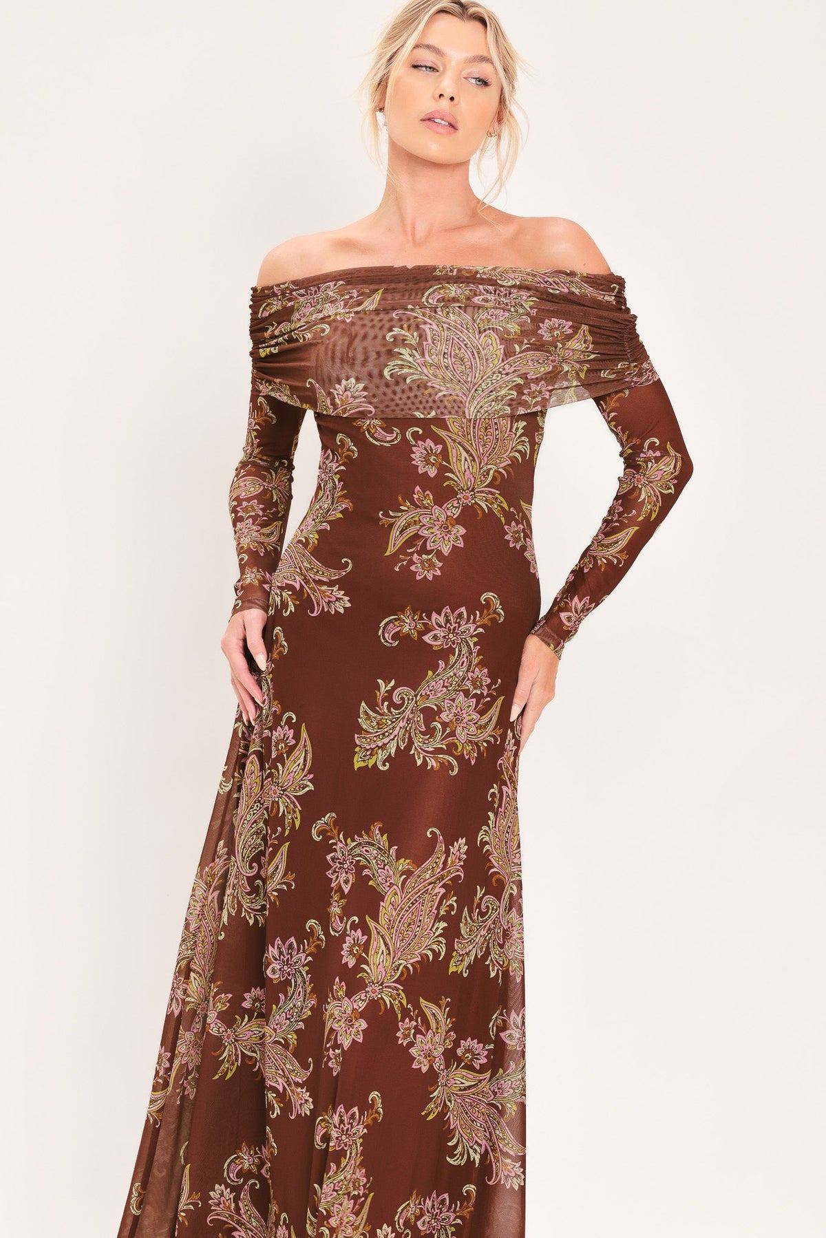 Floral Mesh Maxi Dress with Ruched Details BROWN