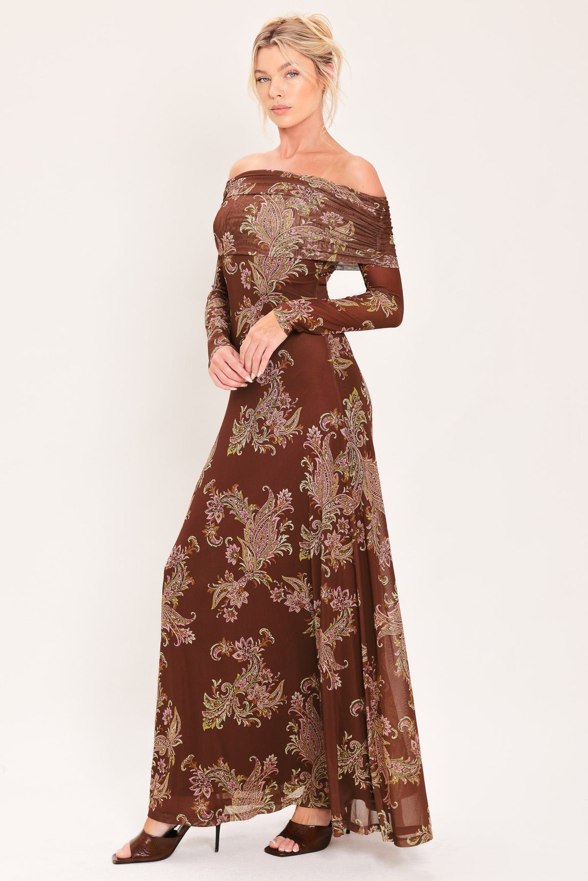 Floral Mesh Maxi Dress with Ruched Details