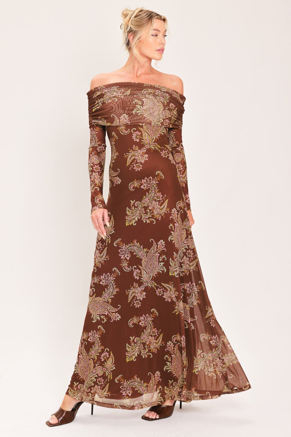 Floral Mesh Maxi Dress with Ruched Details