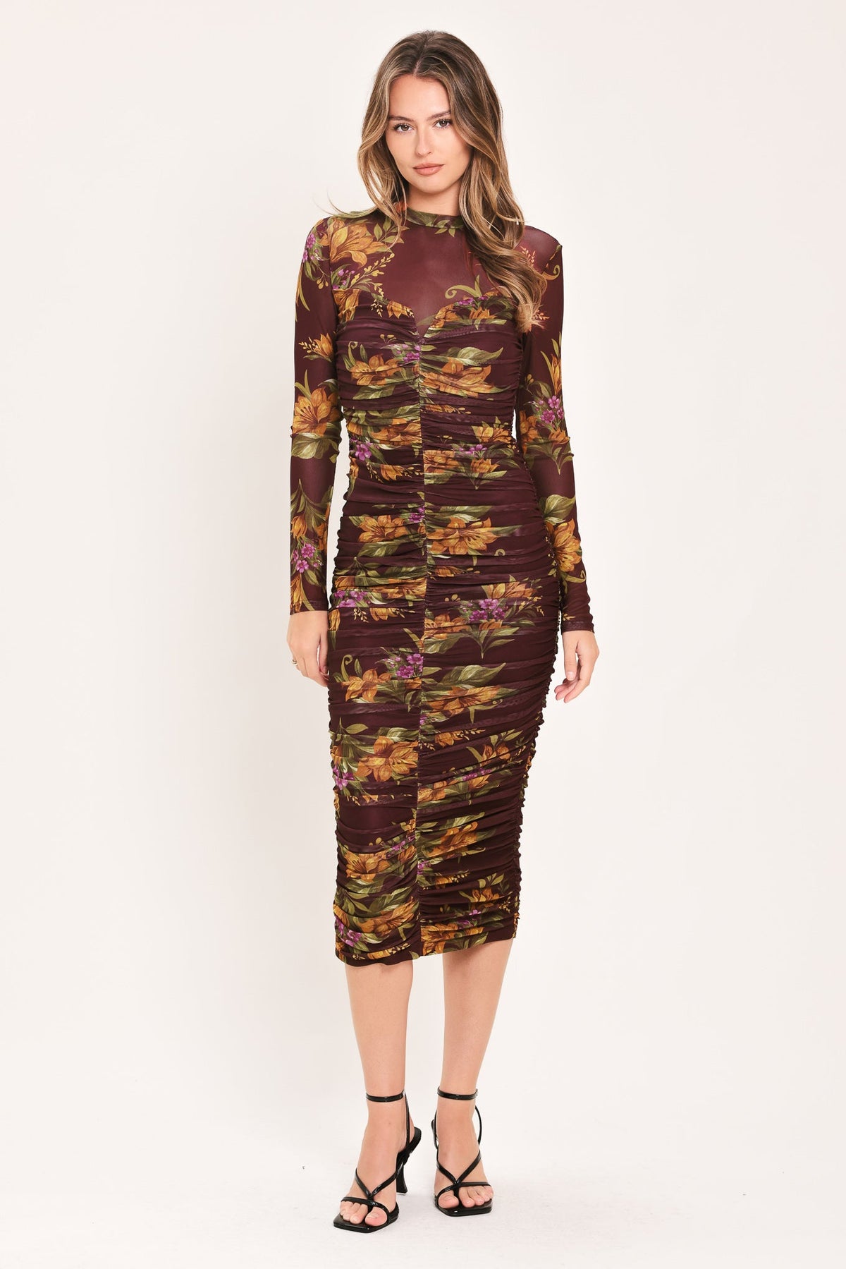 Burgundy Floral Print Power Mesh Midi Dress with Long Sleeves and Shirred Bodice
