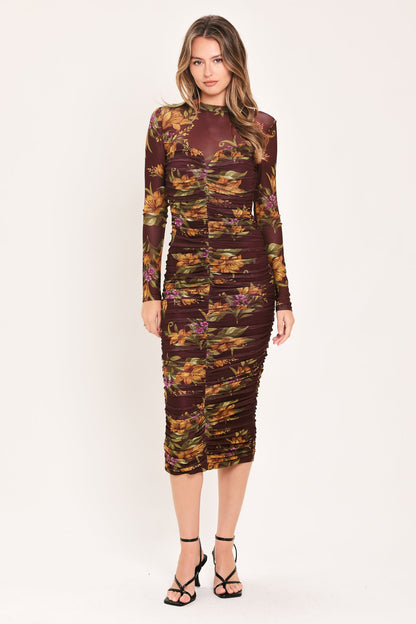 Burgundy Floral Print Power Mesh Midi Dress with Long Sleeves and Shirred Bodice