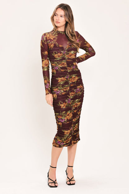 Burgundy Floral Print Power Mesh Midi Dress with Long Sleeves and Shirred Bodice