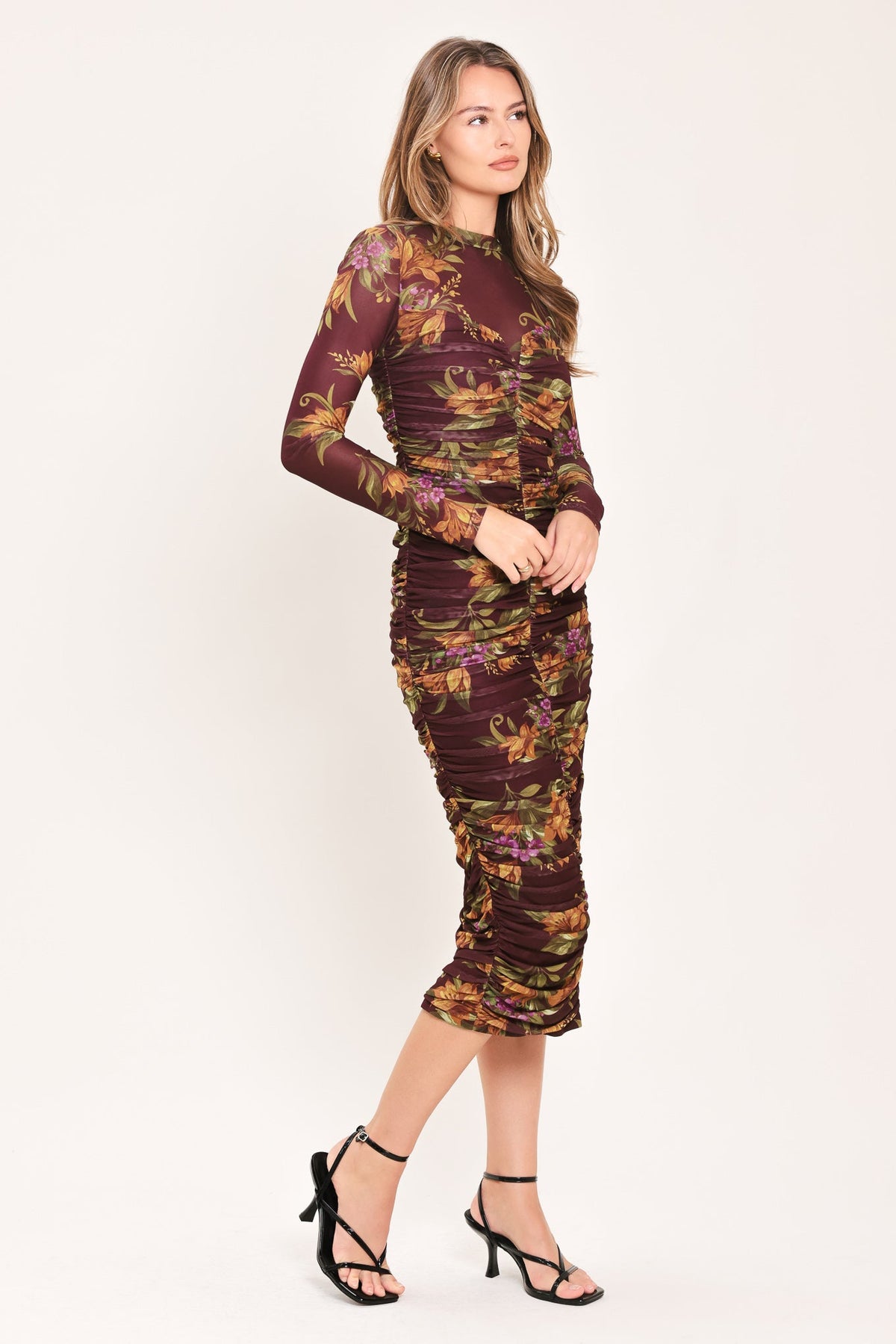 Burgundy Floral Print Power Mesh Midi Dress with Long Sleeves and Shirred Bodice