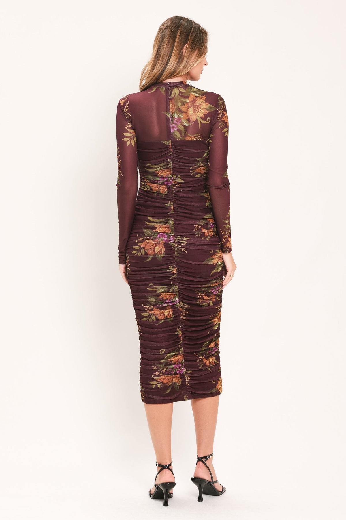Burgundy Floral Print Power Mesh Midi Dress with Long Sleeves and Shirred Bodice