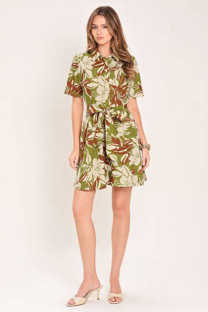 Olive Floral Print Mini Shirt Dress
