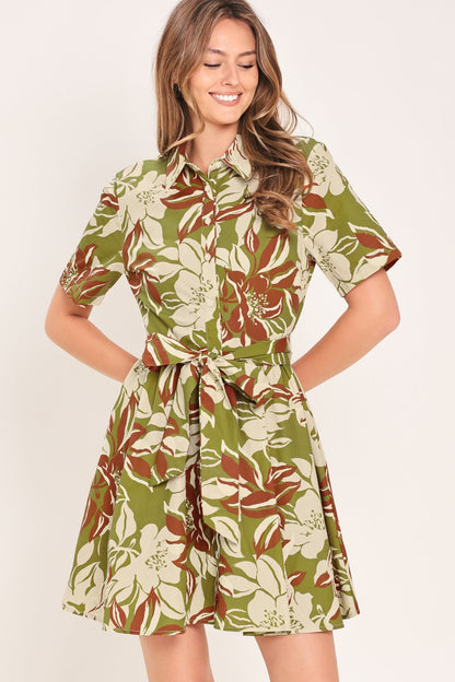 Olive Floral Print Mini Shirt Dress