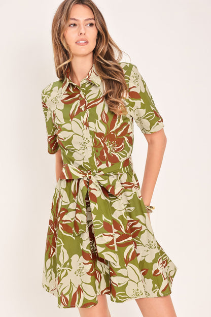 Olive Floral Print Mini Shirt Dress