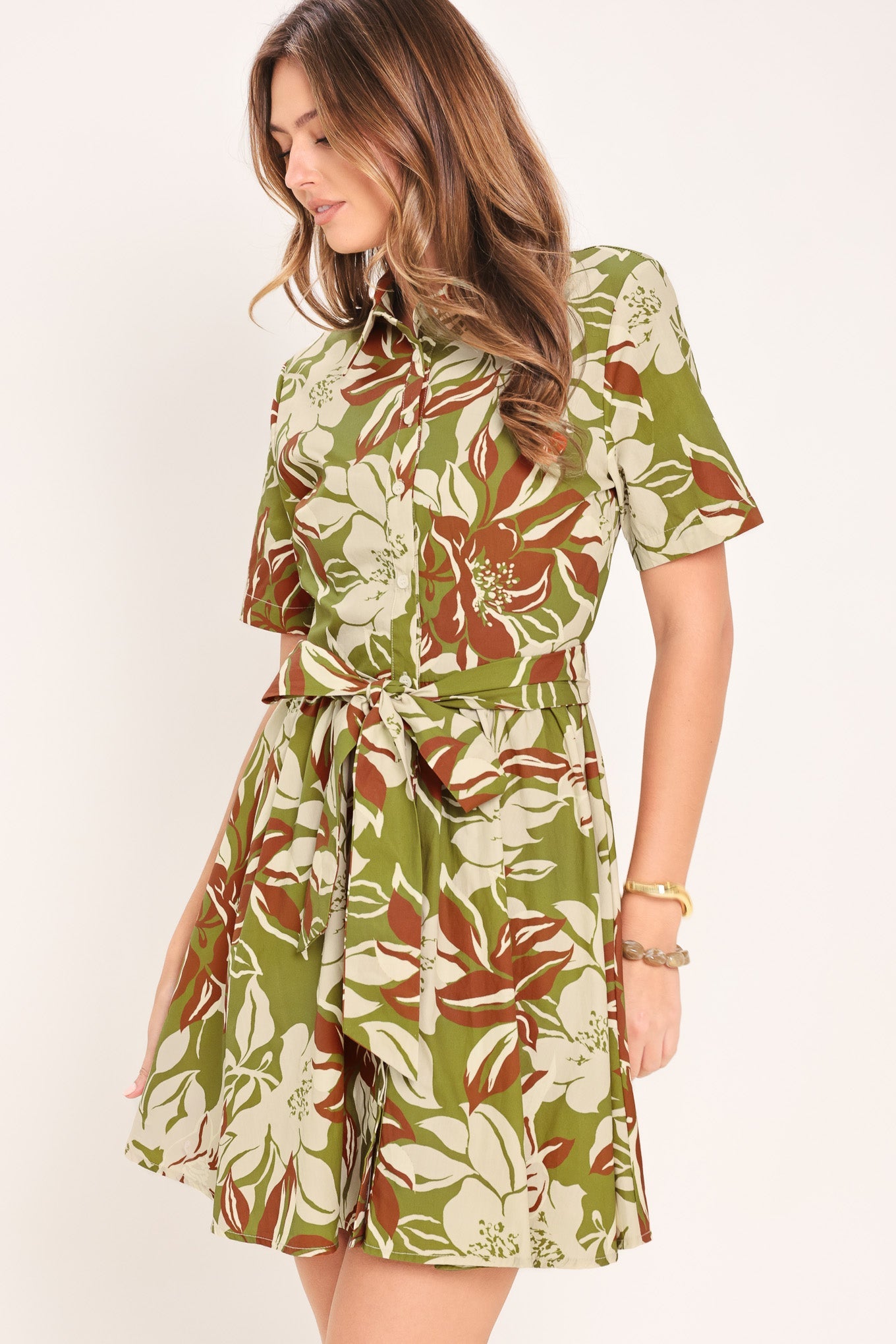Olive Floral Print Mini Shirt Dress
