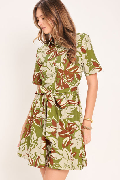 Olive Floral Print Mini Shirt Dress