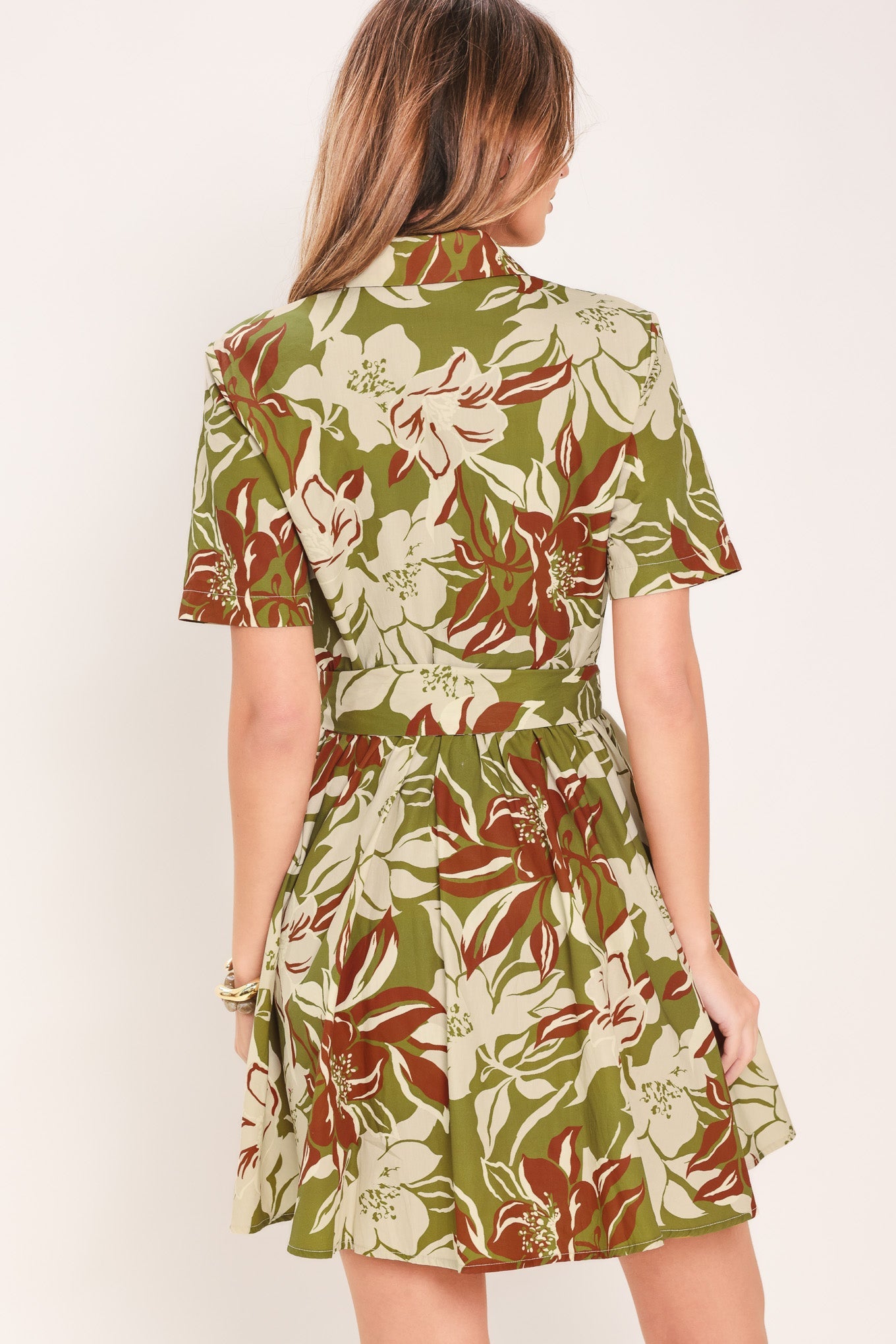 Olive Floral Print Mini Shirt Dress